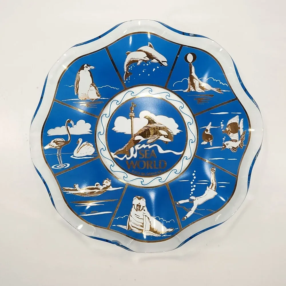Vintage MCM Sea World Souvenir Blue Glass Decorative Bowl / Dish | 1976 Shamu